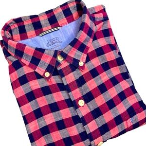 ~ IZOD Men's Pink and Blue Checkered Shirt Size Large 100% Cotton
